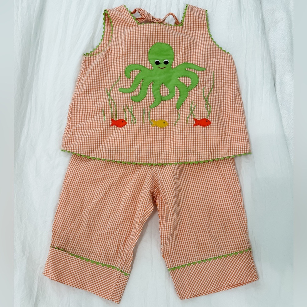 Monday’s Child 100% cotton Orange gingham Octopus/ocean/ fish design set